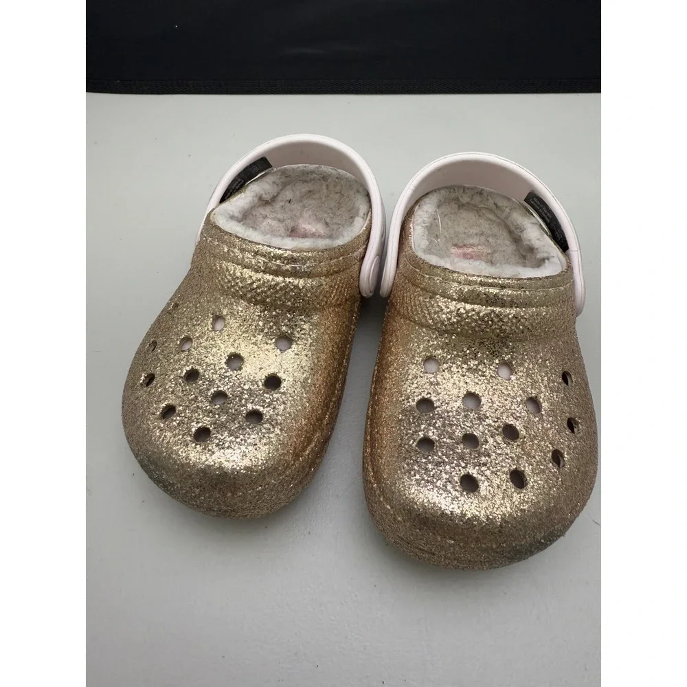 Kids Crocs Classic Glitter Lined Clogs Childrens Warm Fuzz Slippers Shoes‎ Sz C7